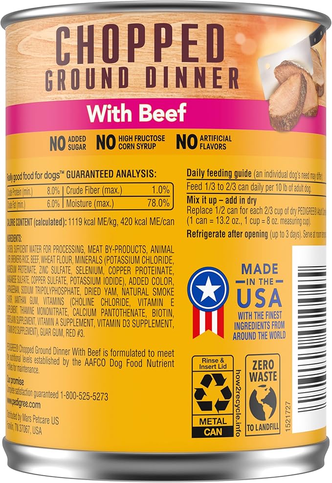 PEDIGREE CHOPPED GROUND DINNER Adult Canned Soft Wet Dog Food with Beef, 13.2 oz. Cans (Pack of 12) - PAWPICO