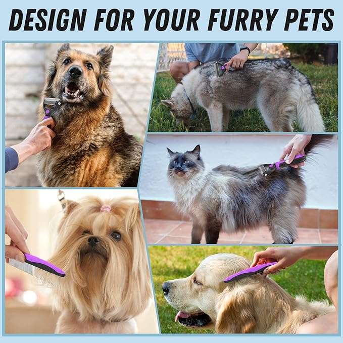 Pet Grooming Brush and Metal Comb Combo - Undercoat Rake for Dematting and Deshedding Long Matted Haired Dogs and Cats, Purple - PAWPICO