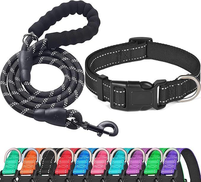 Reflective Dog Collar Padded with Soft Neoprene Breathable Adjustable Nylon Dog Collars for Small Medium Large Dogs (Large (Pack of 1), Black Collar+Leash) ladoogo