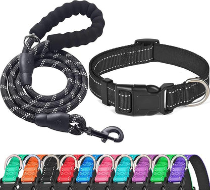 Reflective Dog Collar Padded with Soft Neoprene Breathable Adjustable Nylon Dog Collars for Small Medium Large Dogs (Large (Pack of 1), Black Collar+Leash) ladoogo