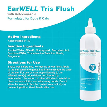 VetWELL Dog Ear Cleaner Solution & Infection Treatment for Dogs & Cats, Tris Otic Cleanser Drops Helps Eliminate Odor and Relieve Infections - 12oz VetWELL