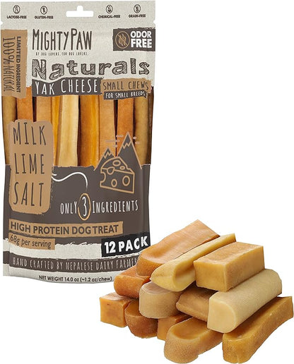 Mighty Paw Yak Cheese Chews for Dogs | All-Natural Long Lasting Pet Treats. Odorless and Great for Oral Health. Limited-Ingredient Chews for Puppies & Power-Chewers (Small, 12 Pack) - PAWPICO