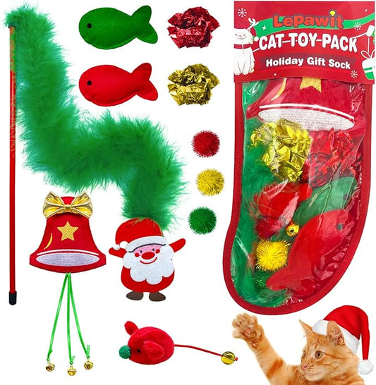 Cat Christmas Stocking, 10 Pack Christmas Cat Toys for Indoor Cats, Includes Catnip Toys, Cat Teaser, Cat Balls and Feather Toys, Great Value for Cats - PAWPICO