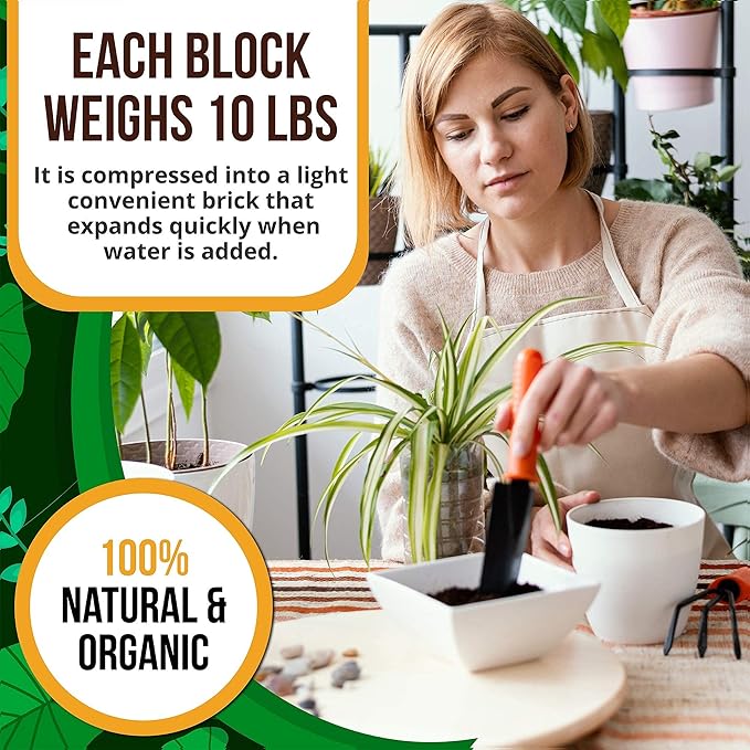 Organic Coco Coir Brick, Natural Seed Starter with Low EC and pH Balance, Enhance Root Growth in Herbs, Flowers, and House Plants, Organic with High Expansion - by Vivlly (10, Pounds) Vivlly