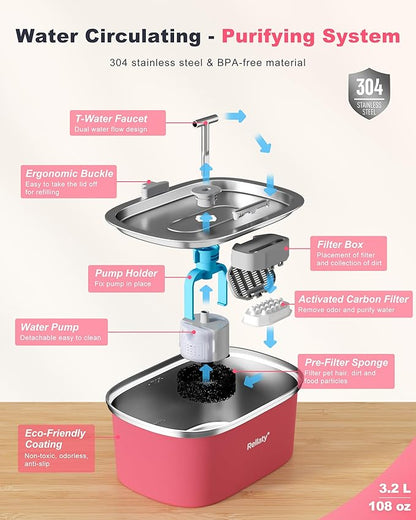Cat Water Fountain Stainless Steel: 3.2L/108oz Pet Fountain Water Bowl Automatic Drinking Dispenser Cat Feeding & Watering Supplies, Ultra-Quiet Pump & Replacement Filter for Cats Inside(Living Pink) - PAWPICO