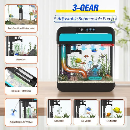 Small Fish Tank Aquarium 2.2 Gallon Glass Fish Tank Starter Kits with Silent Filter Pump, LED Light, humidifier and Betta Fish Tank Wilody