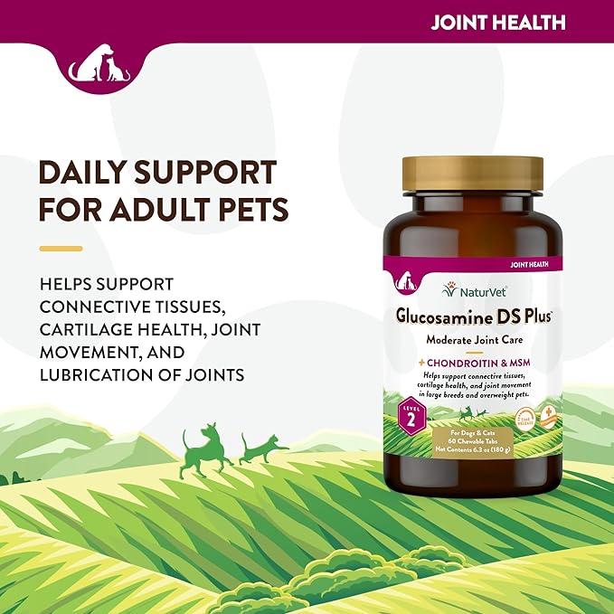 NaturVet Glucosamine DS Plus Level 2 Moderate Care Joint Support Supplement for Dogs and Cats, Chewable Tablets Time Release, Made in The USA, 60 Count NaturVet