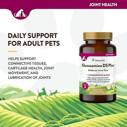 NaturVet Glucosamine DS Plus Level 2 Moderate Care Joint Support Supplement for Dogs and Cats, Chewable Tablets Time Release, Made in The USA, 60 Count NaturVet