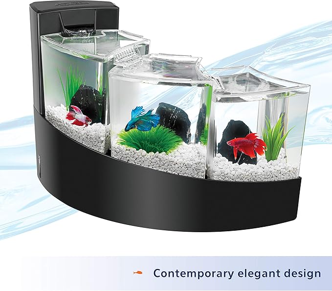 Aqueon Betta Falls 3 Section Aquarium Fish Tank With QuietFlow Power Filtration, Black Aqueon