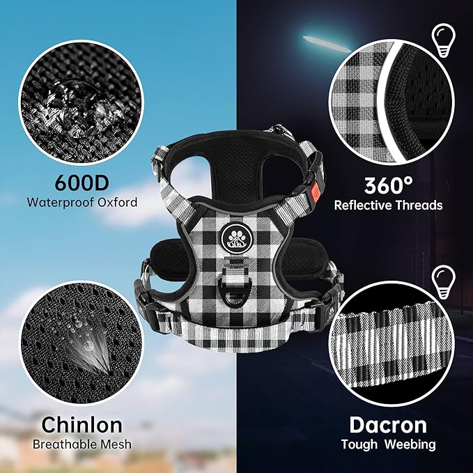 NESTROAD No Pull Dog Harness with Leash, Reflective No Choke Pet Vest Harness,Adjustable Soft Padded Dog Harness with Easy Control Handle for Medium Dogs(Checkered Black,Medium) NESTROAD