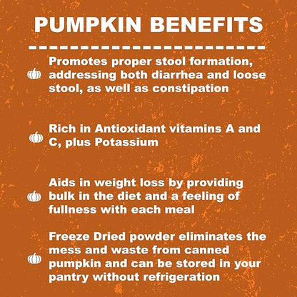 Whole Life Pet Pumpkin Powder for Dogs and Cats. Firms Stool, Relieves Diarrhea. Mix with Water for Instant Puree. No Mess or Waste from Cans. Human Grade Quality - PAWPICO