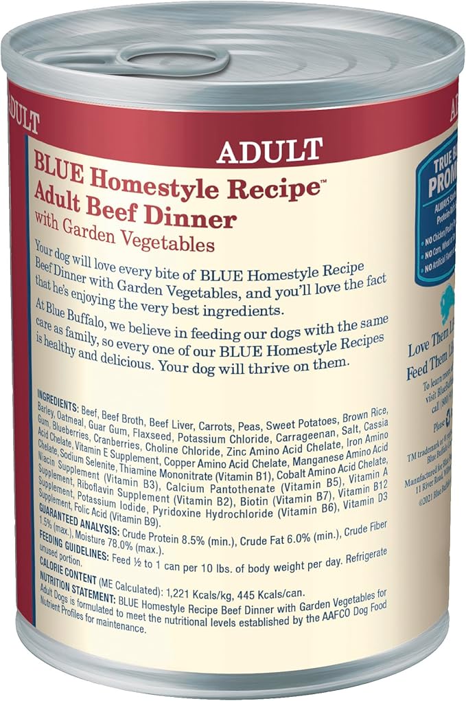 Blue Buffalo Homestyle Recipe Adult Wet Dog Food, Made with Natural Ingredients, Beef Dinner With Garden Vegetables, 12.5-oz. Cans (Pack of 12) - PAWPICO