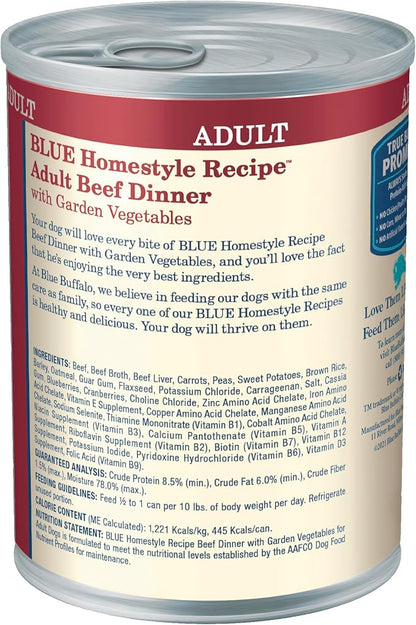 Blue Buffalo Homestyle Recipe Adult Wet Dog Food, Made with Natural Ingredients, Beef Dinner With Garden Vegetables, 12.5-oz. Cans (Pack of 12) - PAWPICO