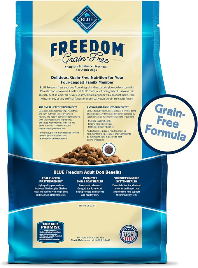 Blue Buffalo Freedom Grain-Free Dry Dog Food, Complete & Balanced Nutrition for Adult Dogs, Made in the USA With Natural Ingredients, Chicken & Potatoes, 11-lb Bag - PAWPICO