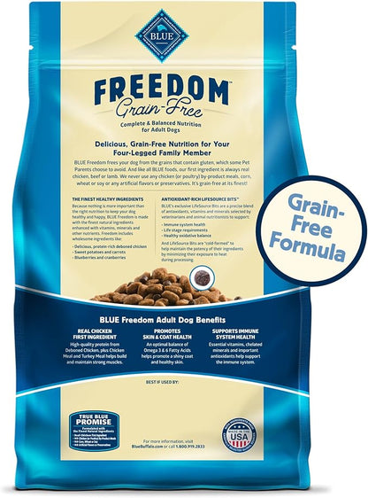Blue Buffalo Freedom Grain-Free Dry Dog Food, Complete & Balanced Nutrition for Adult Dogs, Made in the USA With Natural Ingredients, Chicken & Potatoes, 11-lb Bag - PAWPICO