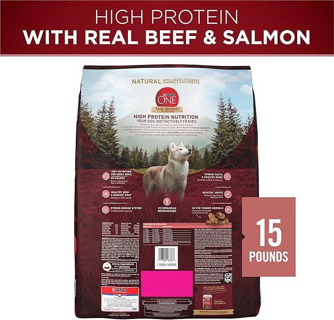 Purina ONE Natural High Protein Dry Dog Food Dry True Instinct with Real Beef and Salmon With Bone Broth and Added Vitamins, Minerals and Nutrients - 15 lb. Bag - PAWPICO