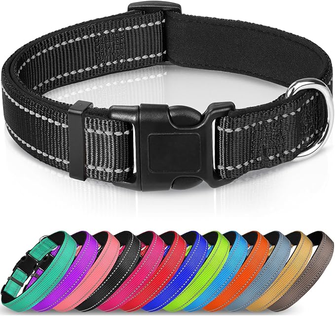 Joytale Reflective Dog Collar,Soft Neoprene Padded Breathable Nylon Pet Collar Adjustable for Large Dogs,Black,L - PAWPICO