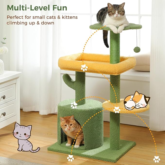Made4Pets Cat Tree, 36.5 Inches Cat Tower for Indoor Cats, Multi-Level Cactus Cat Tree with Scratching Posts, Private Cat Condo, Plush Perch for Small Cat Kittens - PAWPICO