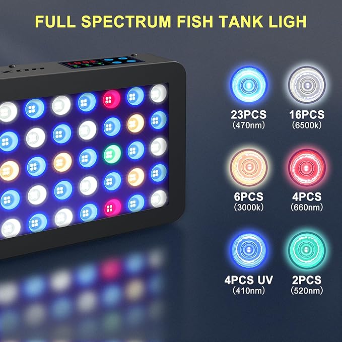 Phlizon Timer Control Dimmable 165W LED Aquarium Light with Temperature Monitor Full Spectrum Fish Tank Light for Grow Coral Reef Marine Fish Tank LPS/SPS Phlizon