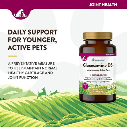 NaturVet Glucosamine DS Level 1 Maintenance Care Hip & Joint Support Pet Supplement for Dogs & Cats –Glucosamine, Chondroitin, Antioxidants –Supports Cartilage, Joint Function – 60 Ct. NaturVet