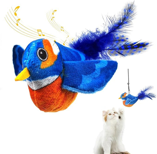 Chirping Bird Cat Toys Hanging Cat Feather Toy - Catnip Interactive Cat Toys for Indoor Cats - Automatic Cat Toy for Cat Exercise & Kicker to Self Play (Blue New) - PAWPICO