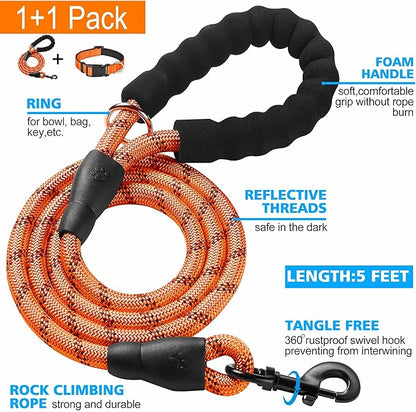 Reflective Dog Collar Padded with Soft Neoprene Breathable Adjustable Nylon Dog Collars for Small Medium Large Dogs (Medium (Pack of 1), Orange Collar+Leash) ladoogo