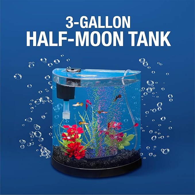 Tetra 3 Gallon Small Fish Tank, Aquarium Starter Kit, with Filter, Air pump, & Color Changing Light, Half Moon shape, for Gold Fish & Betta Tetra