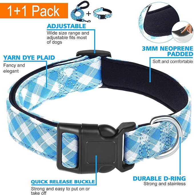 Reflective Dog Collar Padded with Soft Neoprene Breathable Adjustable Nylon Dog Collars for Small Medium Large Dogs (Medium (Pack of 1), Vivid Blue Plaid Collar+Leash) ladoogo