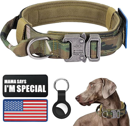 Tactical Dog Collar Military Dog Collar Adjustable Nylon Dog Collar Heavy Duty Metal Buckle with Handle for Dog Training,with Patches (Camo, L) Celifelight