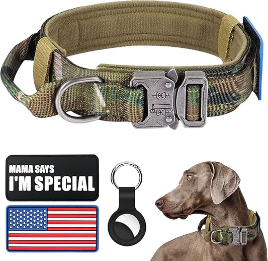 Tactical Dog Collar Military Dog Collar Adjustable Nylon Dog Collar Heavy Duty Metal Buckle with Handle for Dog Training,with Patches (Camo, M) Celifelight