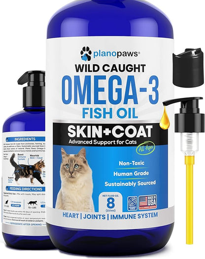 Omega 3 Fish Oil for Cats - Better Than Salmon Oil for Cats - Kitten + Cat Vitamins and Supplements - Cat Health Supplies - Cat Dandruff Treatment - Liquid Fish Oil for Pets - Cat Shedding Products planopaws