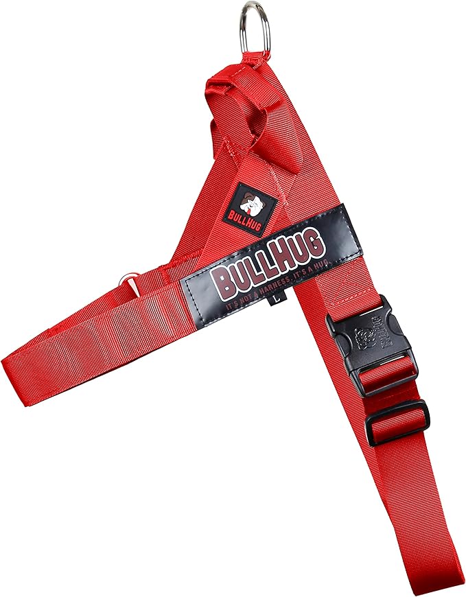 BULLHUG Harness – Made for Larger Chested Dogs Like English Bulldogs, French Bulldogs, Pugs & More. Stops Dogs from Pulling & Choking on Walks (Bright RED, Medium) BULLHUG
