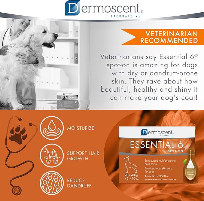 Dermoscent Essential 6 spot-on - Dog Skin Care for Dandruff & Allergy Relief with Vitamin E Oil - Anti Itch for Dogs - Natural Ingredients for Sensitive Skin - Dogs 20-40 kg - 4 Pipettes of 2.4 ml Dermoscent