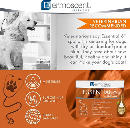 Dermoscent Essential 6 spot-on - Dog Skin Care for Dandruff & Allergy Relief with Vitamin E Oil - Anti Itch for Dogs - Natural Ingredients for Sensitive Skin - Dogs 20-40 kg - 4 Pipettes of 2.4 ml Dermoscent