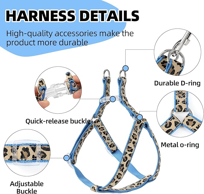 Mile High Life Leopard Dog Harness Collar Leash Set | Adjustable No Pull Dog Halter Harness for Small Breed Dogs | Easy Control for Training Walking | Blue, Small - PAWPICO