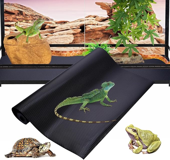 LEOLIO 17.7 x 120 Inch Bearded Dragon Tank Accessories, Non-Adhesive Reptile Carpet Liner for Leopard Gecko, Snake, Lizard, and Tortoise, Terrarium Mat Bedding for Tank Flooring (Black) LEOLIO