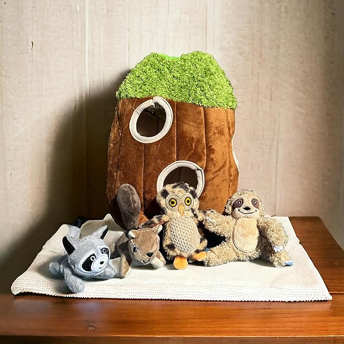 Animals in Tree Hide and Seek Dog Toy for Small and Medium Size Dogs, Plush Animials Inside Trunk Dog Toy with Squeaker, Interactive Burrow Dog Toy. (Medium Tree with Raccoon, Squirrel, Sloth and Owl) - PAWPICO