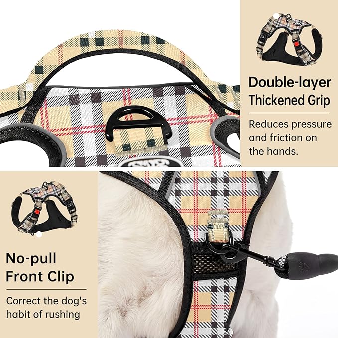 IVY&LANE No Pull Dog Harness with Leash Set, Reflective No Choke Pet Vest,Adjustable Oxford Dog Vest Harness with Easy Control Handle for Small Dogs (Checkered Beige,S) IVYLANE