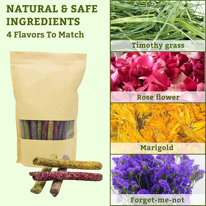 Fhiny 68 PCS Rabbit Chew Sticks, Natural Petals Timothy Hay Sticks Guinea Pig Chewing Toys for Teeth Small Animals Molar Snacks for Bunny Guinea Pig Chinchilla Hamster Fhiny