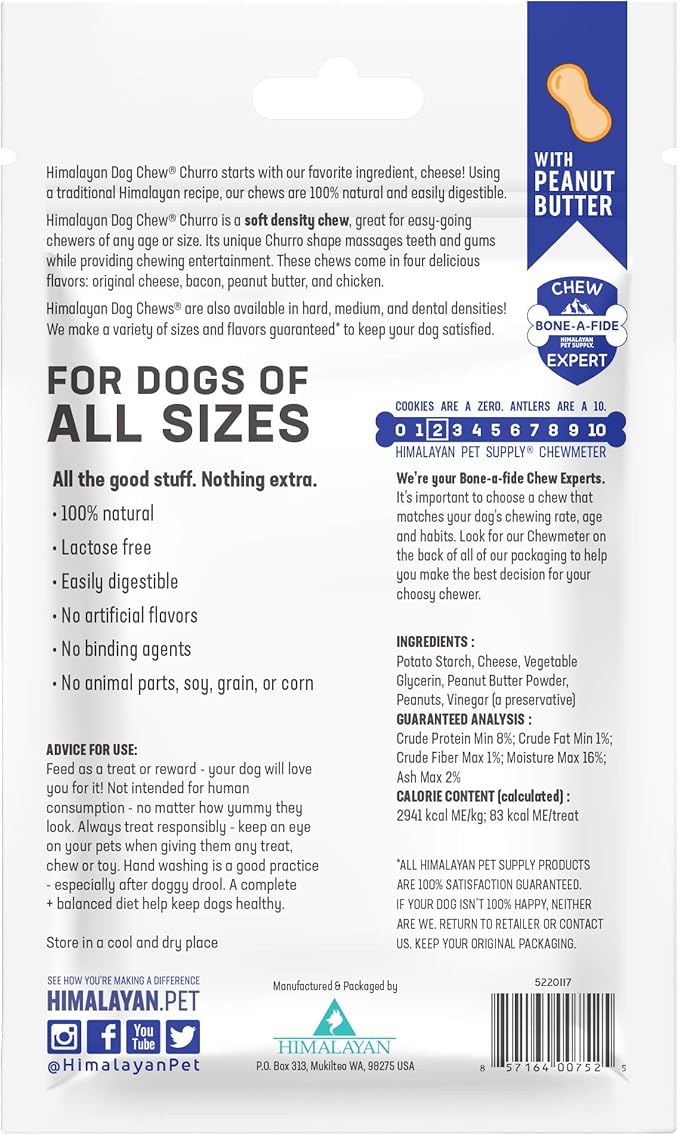 Himalayan Dog Chew Churro Yak Cheese Dog Chews, 100% Natural, Long Lasting, Gluten Free, Healthy & Safe Dog Treats, Lactose & Grain Free, Protein Rich, Real Peanut Butter Flavor, 4 Churros Per Pouch - PAWPICO