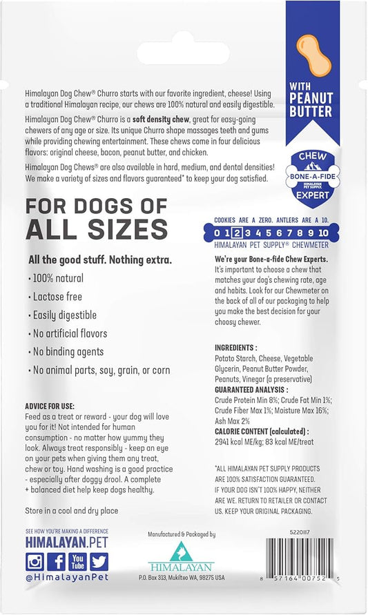 Himalayan Dog Chew Churro Yak Cheese Dog Chews, 100% Natural, Long Lasting, Gluten Free, Healthy & Safe Dog Treats, Lactose & Grain Free, Protein Rich, Real Peanut Butter Flavor, 4 Churros Per Pouch - PAWPICO