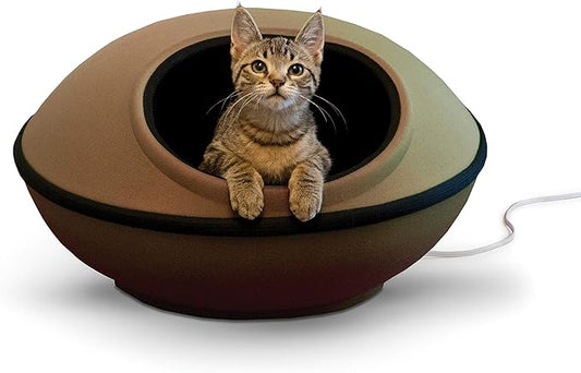 K&H Pet Products Thermo-Kitty Mod Dream Pod Heated Cat Bed for Large Cats, Indoor Heated Cat Cave, Thermal Cat Mat Hideaway for Small or Large Cats and Kittens 22 Inches Tan/Black - PAWPICO