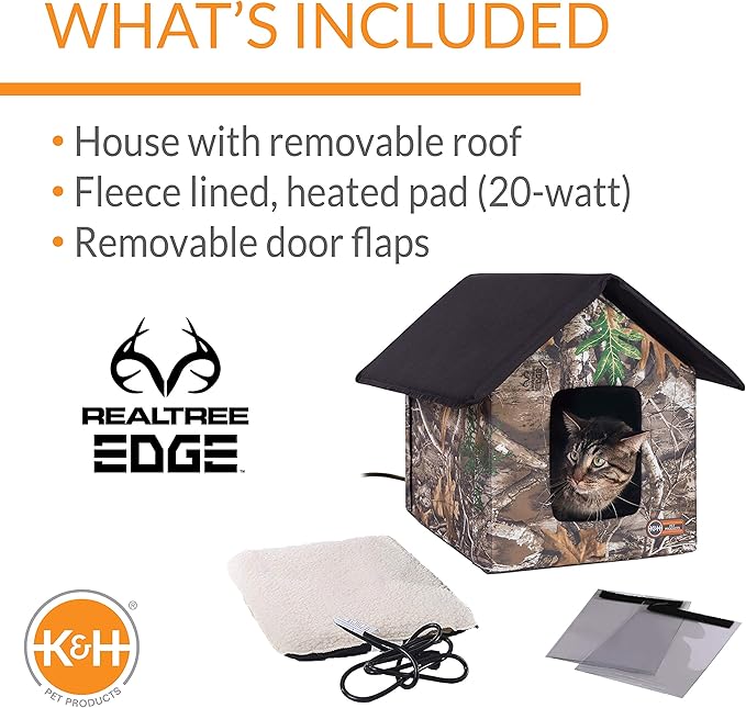 K&H Pet Products Outdoor Heated Kitty House, Outdoor Cat House for Outside Community Cats, Strays, and Ferals, Insulated Shelter, Warming Cold Weather House with Heated Pad for Winter - RealTree EDGE - PAWPICO