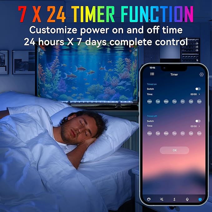 Smart App-Controlled RGB LED Aquarium Light with 16 Million Colors & 12 Dynamic Effects, Underwater Fish Tank Light with Timer, Submersible LED Lights with Adjustable Brightness and Speed - 19'' POZANKI