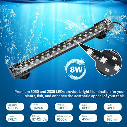 hygger 24/7 Mode Submersible Aquarium LED Light, Full Spectrum Hidden Fish Tank Light with 3 Rows Beads 7 Colors Auto On Off Sunrise-Daylight-Moonlight, Adjustable Timer Brightness 8W hygger