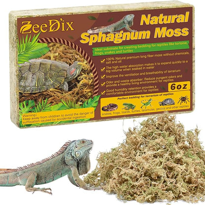 ZeeDix 6OZ Sphagnum Moss for Reptiles, 8QT Premium Dried Moss for Terrarium Long Fibered Leopard Gecko Moss Natural Sphagnum Peat Moss Bedding for Frogs Anoles Snake Turtle Plants ZeeDix