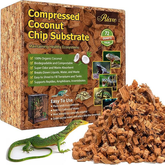 Riare 10LB Coconut Chip Substrate for Reptiles, 72 Quart Coconut Fiber Substrate Coco Chips Substrate Coconut Husk Bedding for Snakes, Tortoises, Ball Python, Bearded Dragon, Geckos, Lizards, Frogs Riare