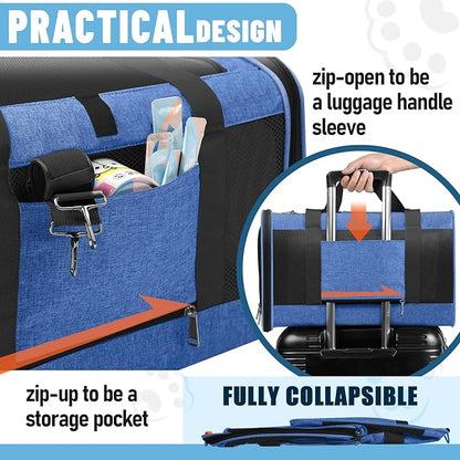 Soft-Sided Top Loading Adult Cat Carrier 20lbs, Yorkie Fabric Collapsible Comfy Cage for Teacup Dog, Easy Entry Maltese Pet Travel Purse, Kitty Carseat Animal Carrying Case Soft Kennel Blue - PAWPICO