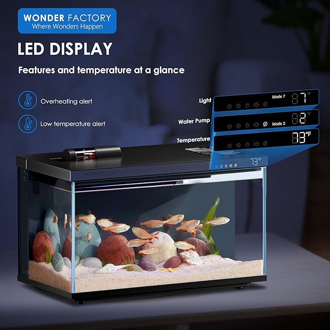 Smart Aquarium Fish Tank 5 Gallon Starter kit, Self Cleaning System Efficiency Filter 7 Color LED Lights Automatic Feeder Temperature Display Monitor HD UHA Glass Leak-Proof, Smart Control with Apps WONDERFACTORY