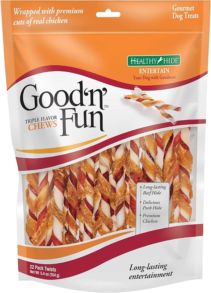 Good 'N' Fun Triple Flavor Twist Rawhide Treats For Dogs, 22 count (7 pack) - PAWPICO